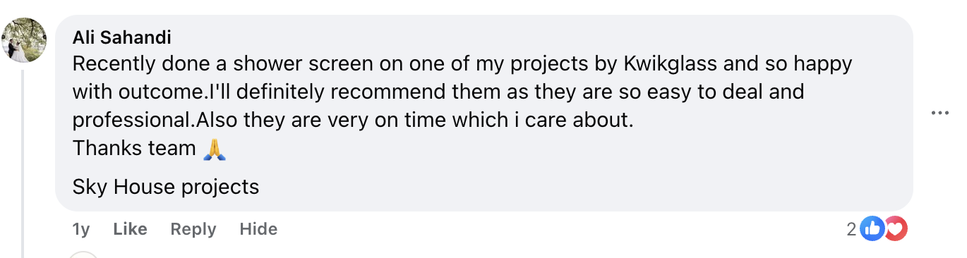 Ali Sahandi Facebook: So happy with outcome. Easy to deal and professional. Very on time. Sky House Projects