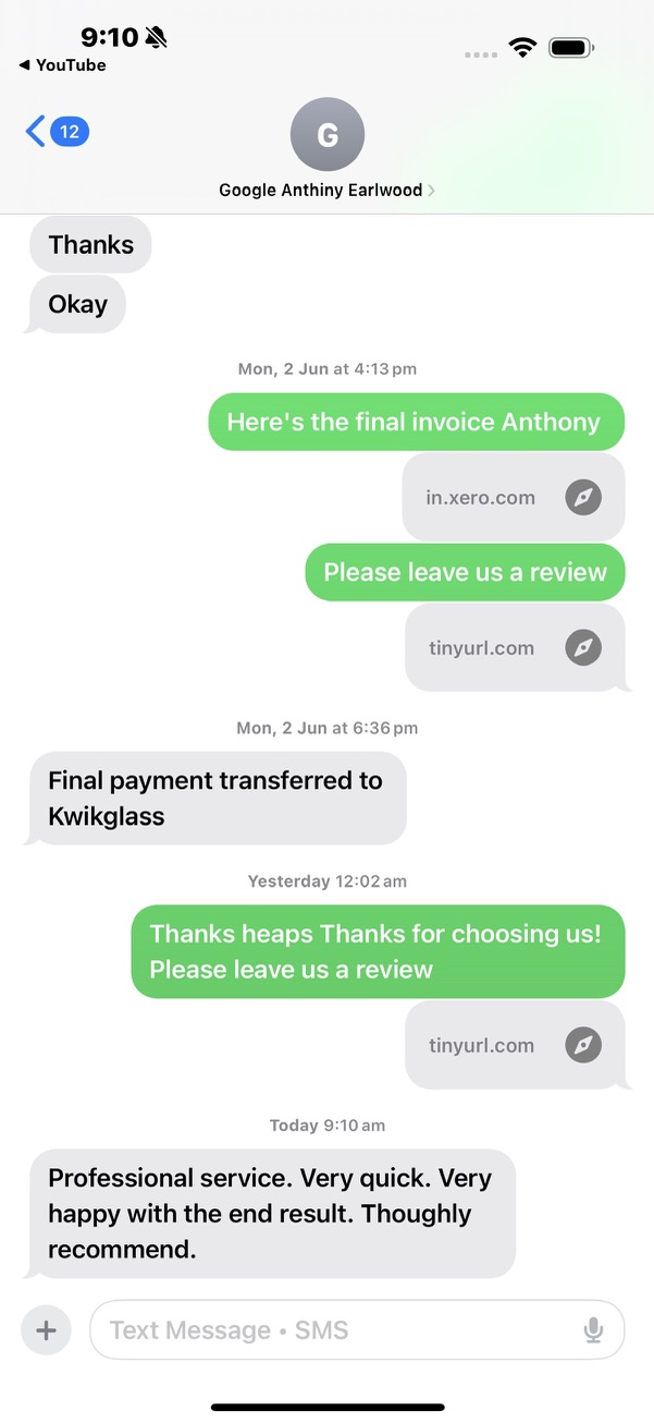 Anthony SMS: Professional service. Very quick. Thoroughly recommend.