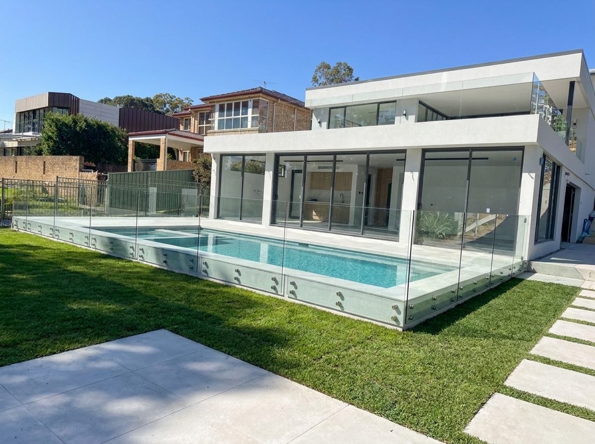 Frameless glass pool fence, spigot-mounted at a Sydney home — KwikGlaze install