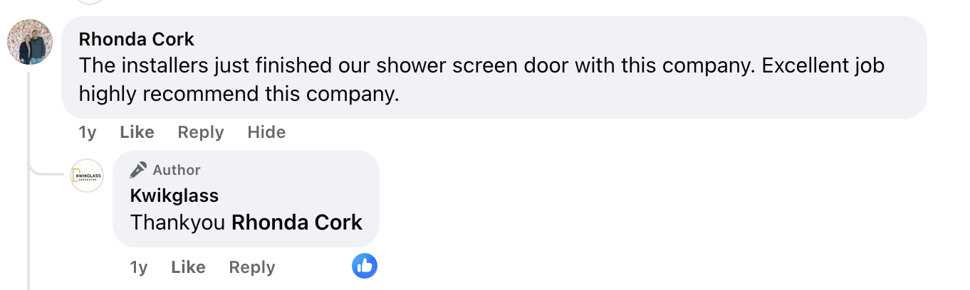 Rhonda Cork Facebook: The installers just finished our shower screen door. Excellent job highly recommend
