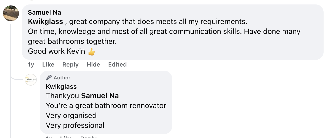 Samuel Na Facebook: Great company. On time, knowledge and great communication skills. Have done many great bathrooms together. Good work Kevin