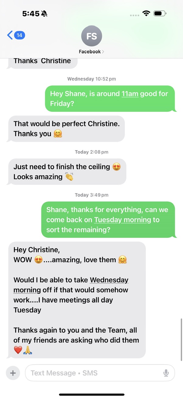 Shane SMS: WOW amazing, love them. All of my friends are asking who did them