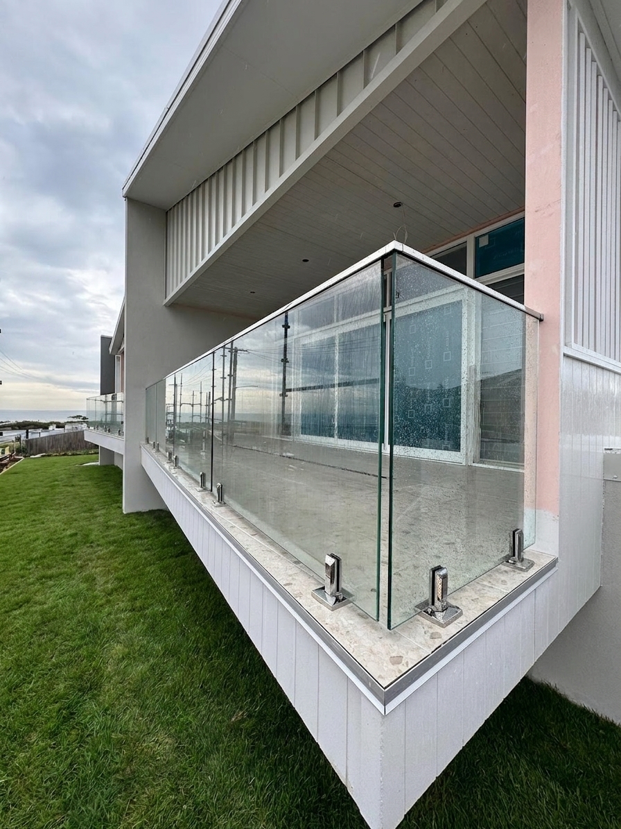 Frameless glass balcony balustrade on stainless spigots with a coastal outlook