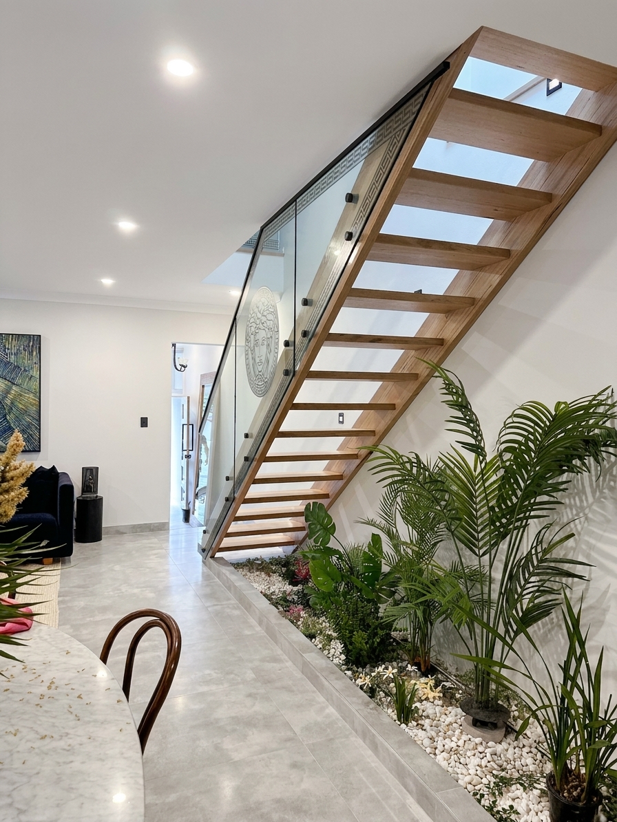 Glass staircase balustrade with Versace Medusa etched panel and timber treads