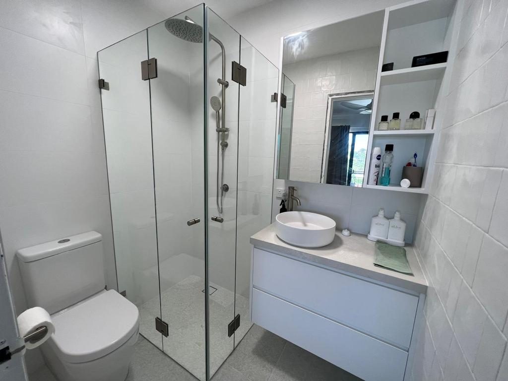 Frameless corner glass shower with brushed nickel hinges